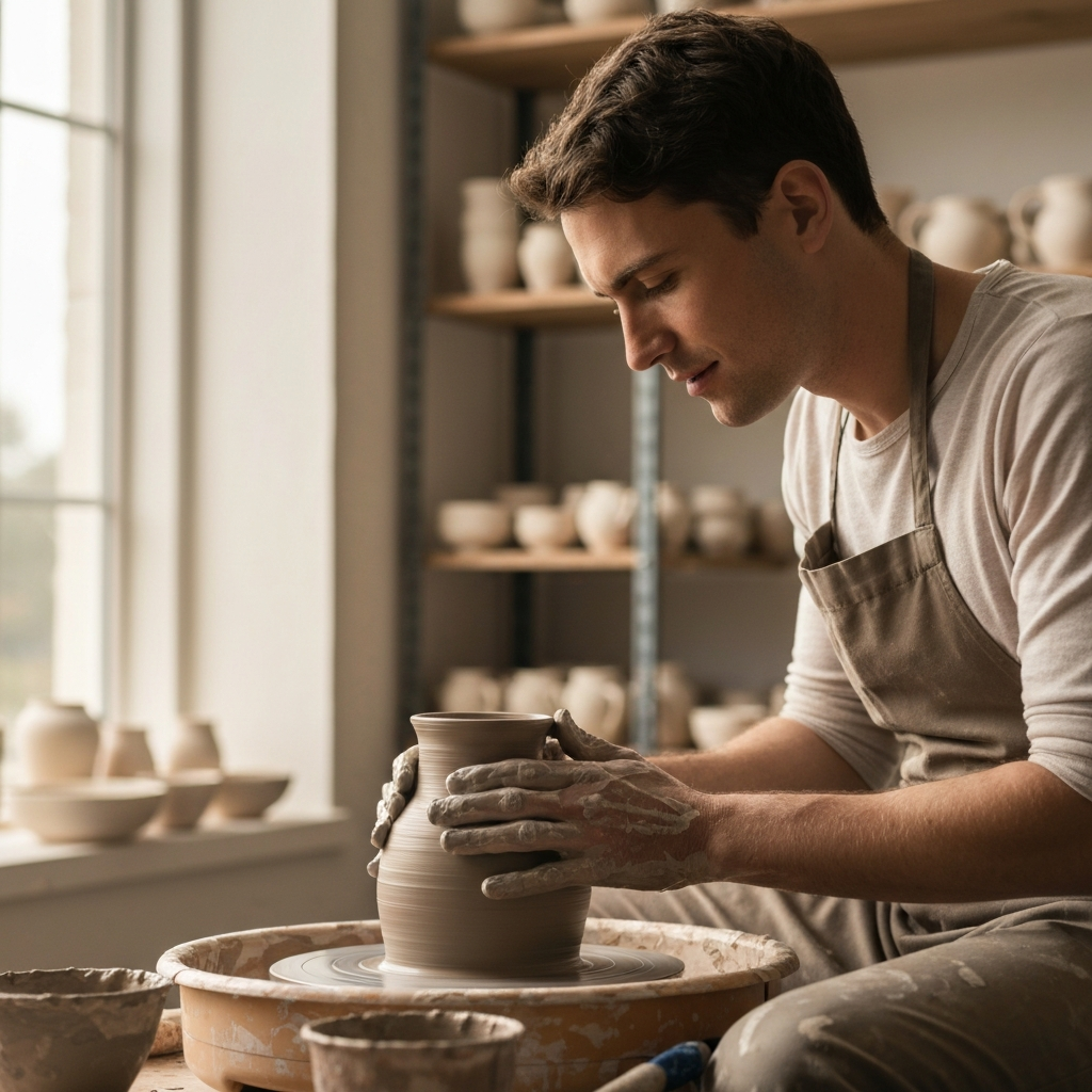 A potter's wheel in a brightly lit studio, hands gently shaping wet clay into a vase. Natural light streams through a large window, highlighting the textures of the clay and the potter's focused expression. Soft bokeh in the background shows shelves lined with finished ceramic pieces.