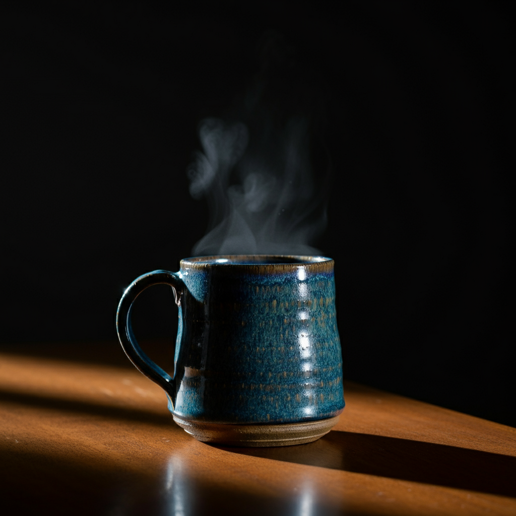 A close-up of a stoneware mug sitting on a wooden table. The mug is a deep blue color with a subtle speckled glaze. The light is soft and diffused, showcasing the texture of the stoneware and the warmth of the wood. A steaming beverage is inside the mug, subtly blurring the edges.