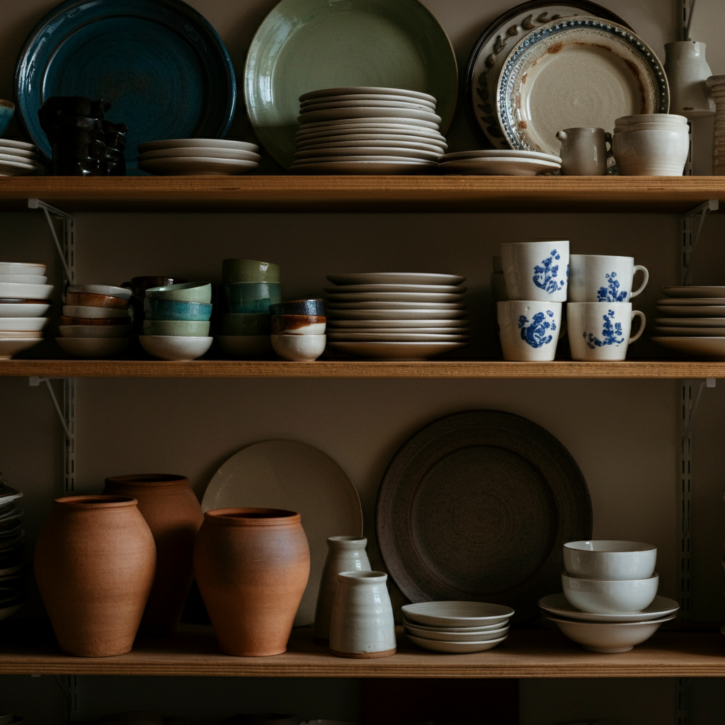 Three shelves, each showcasing different ceramic types. The top shelf displays colorful stoneware plates and bowls. The middle shelf features rustic earthenware pots. The bottom shelf presents elegant white porcelain teacups and saucers. The scene is evenly lit, highlighting the diverse textures and colors.
