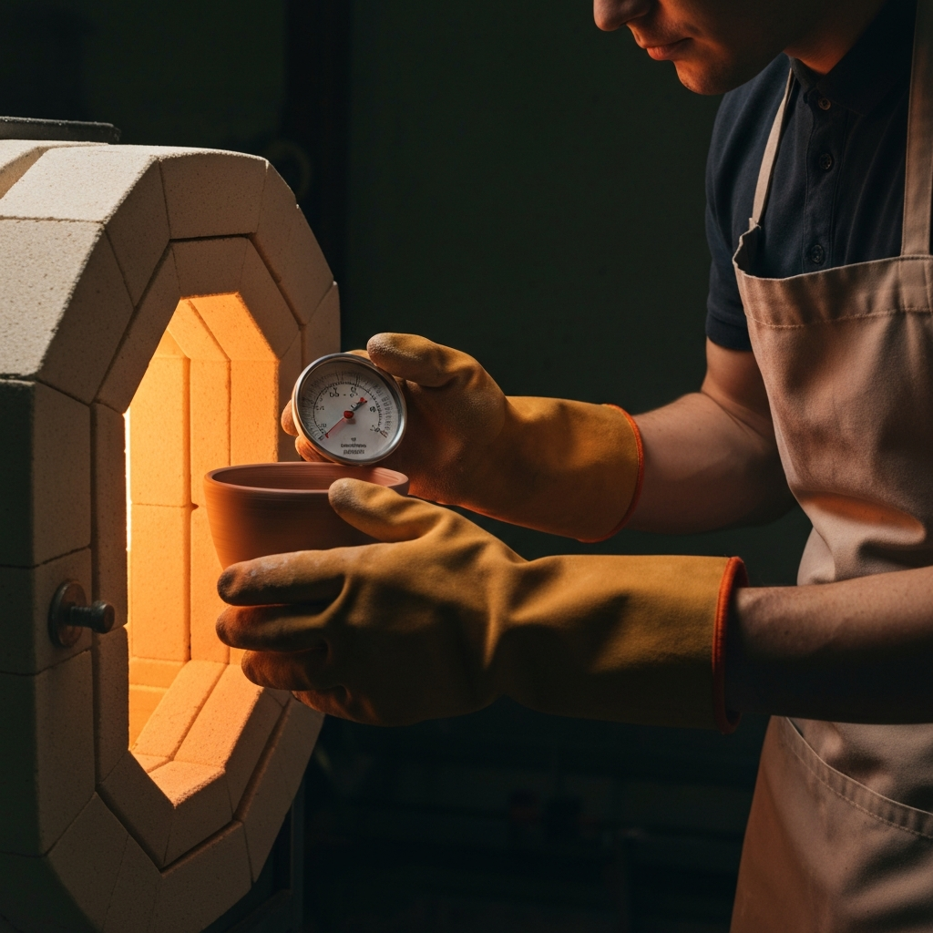 A ceramic kiln door slightly ajar, revealing a soft orange glow from the interior. A potter, wearing protective gloves and an apron, is carefully monitoring the temperature gauge. The focus is on the intense heat and the potter's diligent observation.