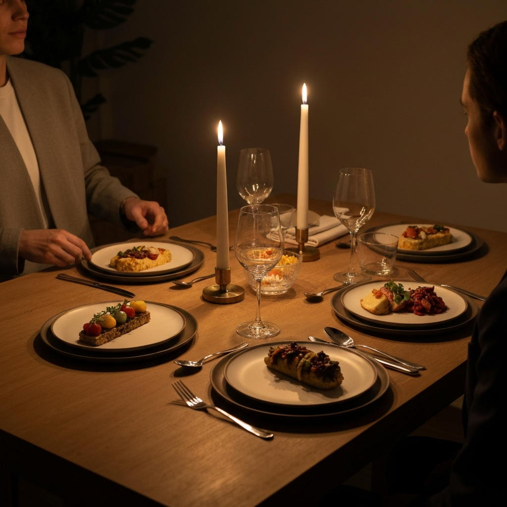 A beautifully set dining table with stoneware plates, silverware, and glasses. The lighting is warm and inviting, creating a sense of cozy elegance. The food on the plates is colorful and appealing, showcasing the functionality of the stoneware.