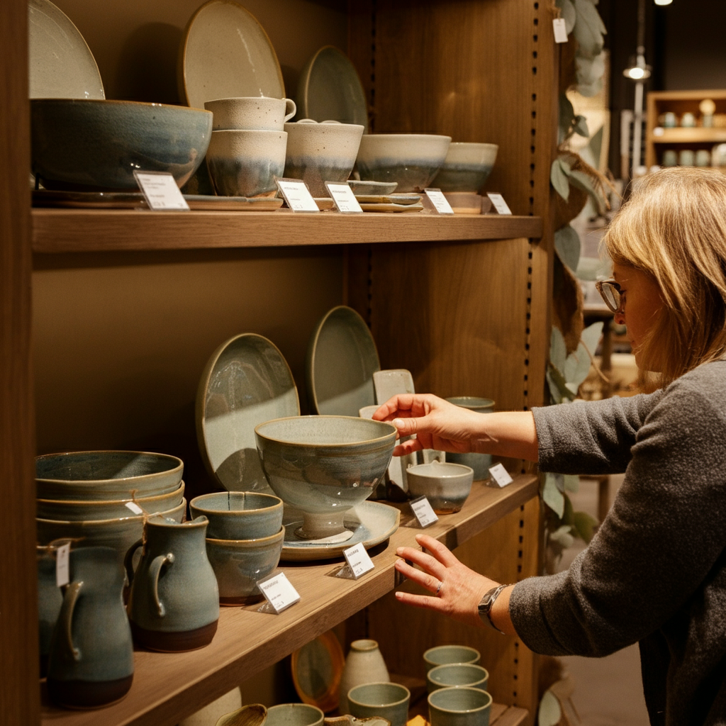 A retail display showcasing different ceramic items with clearly marked price tags. A shopper is carefully comparing the prices of a stoneware bowl and a porcelain plate. The lighting is bright and professional, emphasizing the merchandise.