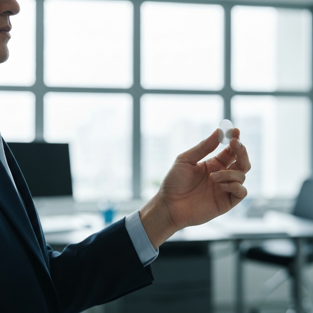 Close-up of a person's hand holding a nicotine patch, soft focus on the background showing a doctor's office with diffused natural light.