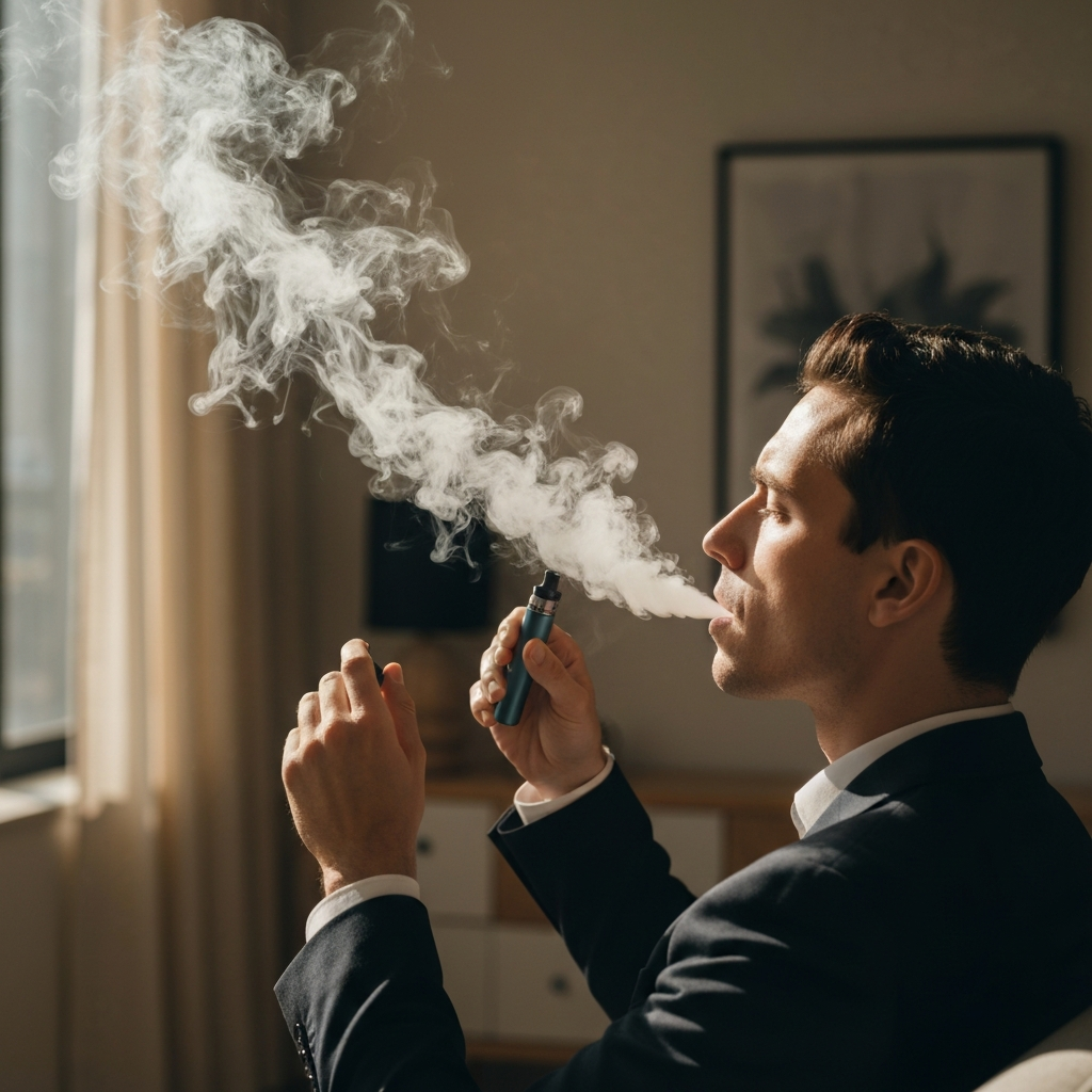 A person exhaling vapor from a vape pen indoors. The room is lit with warm, ambient light, creating a comfortable, relaxing atmosphere. Selective focus on the vapor.