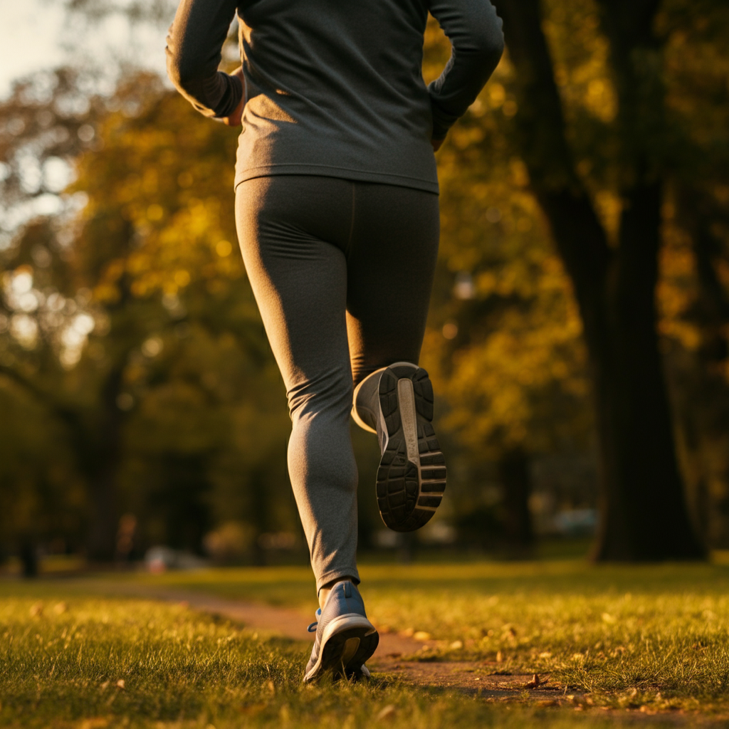 An individual jogging in a park, bathed in the soft golden light of late afternoon. Focus is on their relaxed posture and deep, regular breathing.