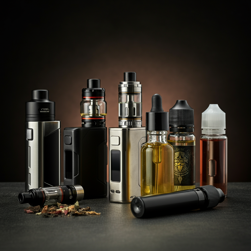 A selection of various vaping devices and e-liquids displayed on a clean countertop. Soft, diffused lighting highlights the different colors and textures.