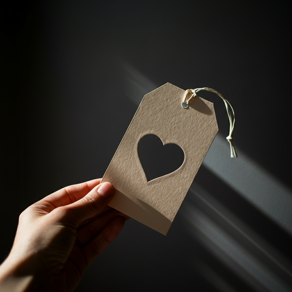 Close-up shot of a hand holding a rectangular gift tag made with cardstock. A heart shape has been cut out of the center. The light source is positioned to the side, creating subtle shadows and highlighting the texture of the cardstock.