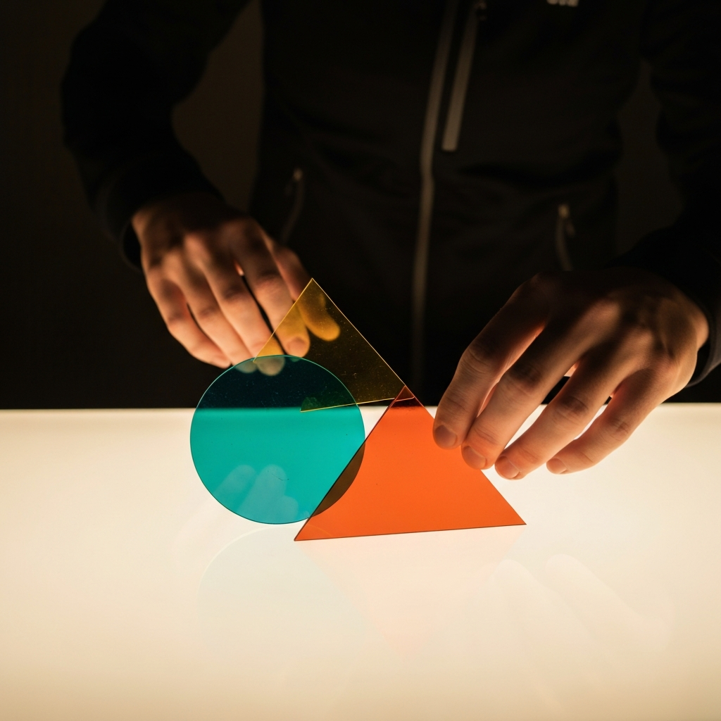 Close-up of a hand arranging two geometric shapes – a circle and a triangle – on a light table. The shapes are made of colored translucent plastic. Backlighting illuminates the shapes, emphasizing their edges and colors.