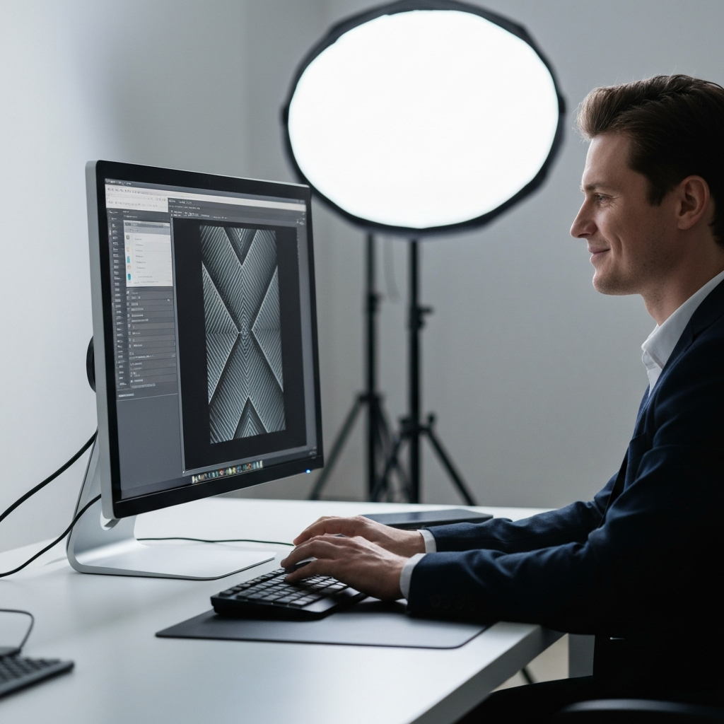 A person sitting at a desk in a brightly lit studio, using a mouse to manipulate a digital image on a large monitor. The screen displays a complex design with geometric patterns. The person is smiling slightly, indicating satisfaction with their work.