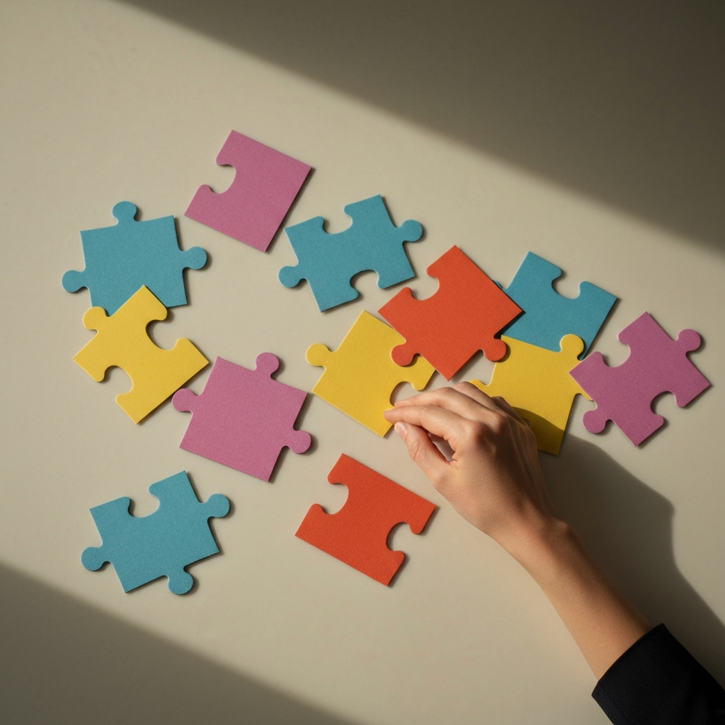 Overhead shot of a table with various colorful cardstock puzzle pieces scattered across it. The pieces are irregularly shaped and interlock with each other. Soft lighting creates a playful and inviting atmosphere.