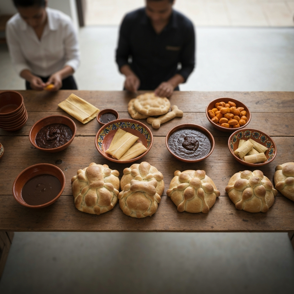 Overhead shot of a rustic wooden table laden with Día de los Muertos food. Pan de Muerto is decorated with bone-shaped dough. Colorful ceramic bowls hold mole and tamales. Soft bokeh in the background shows blurred figures of people preparing the food.