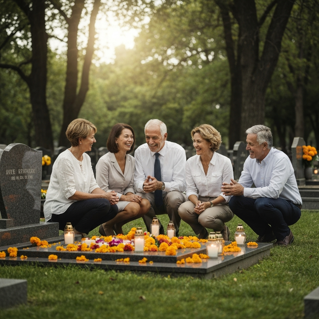 A family gathered around a gravesite in a cemetery. The grave is adorned with marigolds and candles. The family members, dressed respectfully, are sharing stories and laughter. Soft, diffused light filters through the trees, creating a peaceful atmosphere.