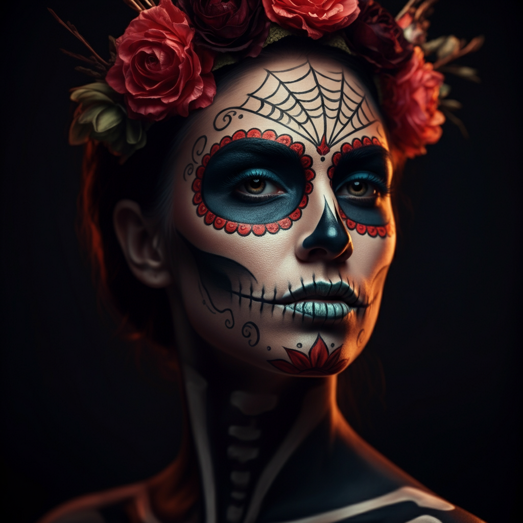 Close-up shot of a woman's face adorned with elaborate sugar skull makeup. Vibrant colors and intricate designs are used to create a stunning visual effect. Soft, diffused lighting highlights the details of the makeup. She is wearing a traditional flower crown.