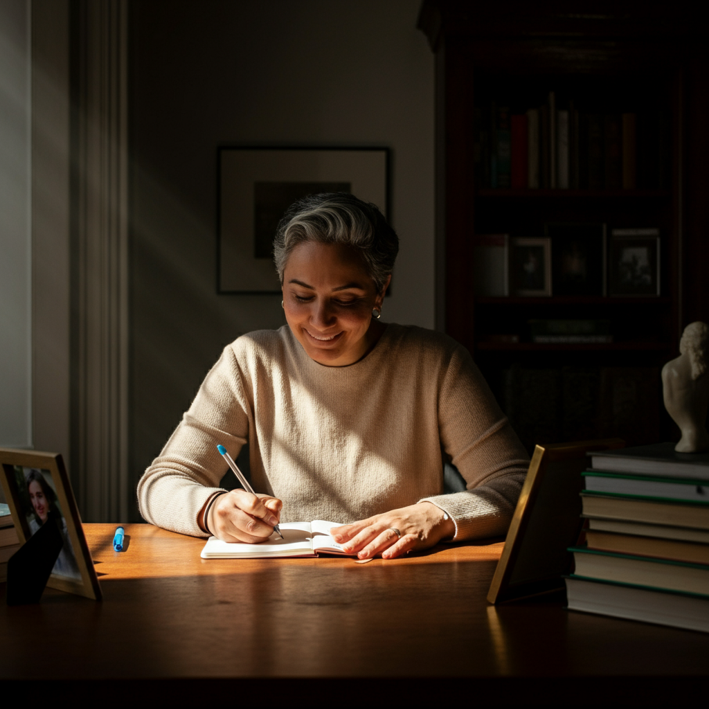 A person sitting at a desk, writing a calavera literaria in a notebook. The desk is cluttered with books, pens, and a framed photo of a loved one. Natural light streams in through a window, illuminating the scene. The person is smiling thoughtfully.