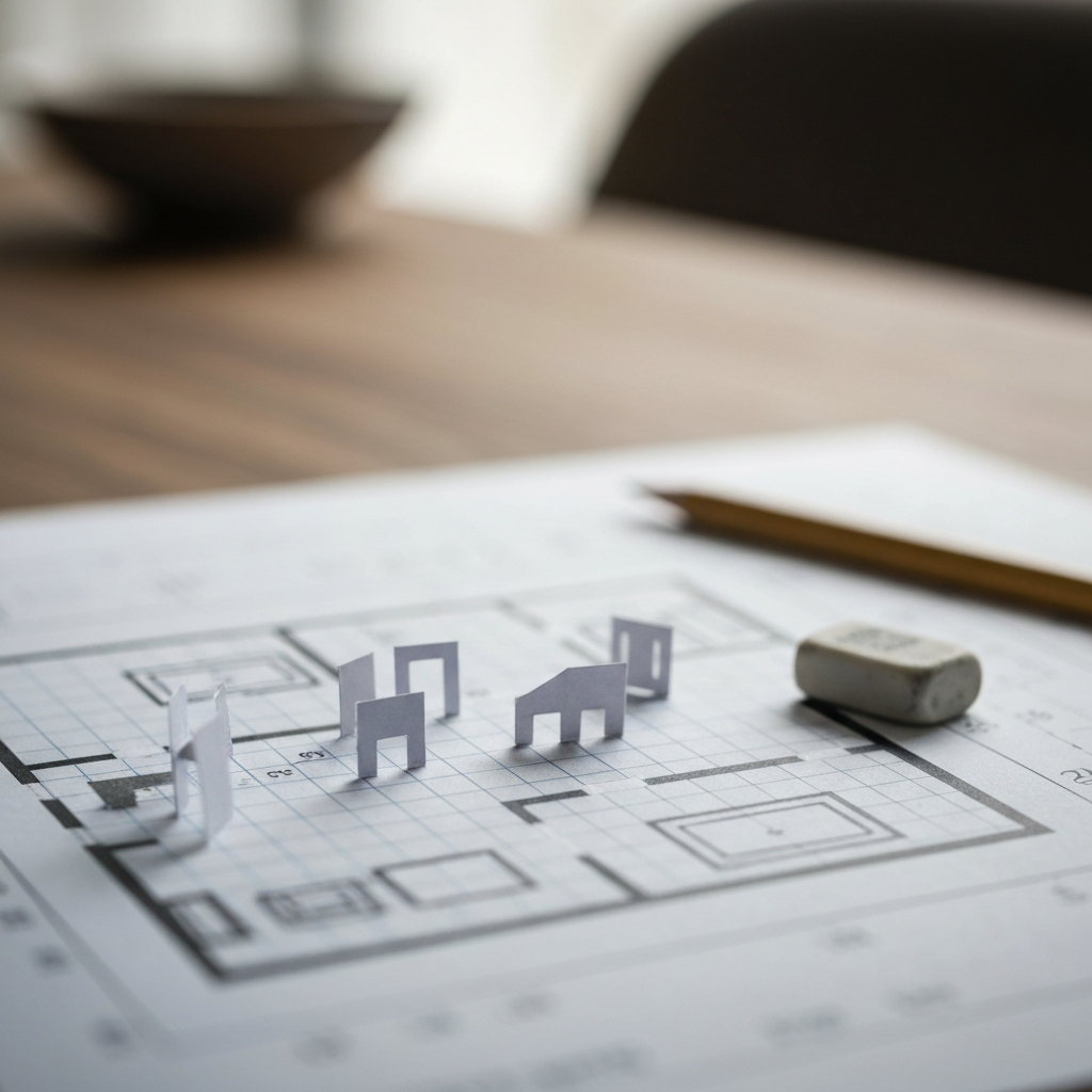 A close-up shot of graph paper showing a room layout with small paper cutouts representing furniture. Soft bokeh in the background highlights a drafting pencil and eraser.
