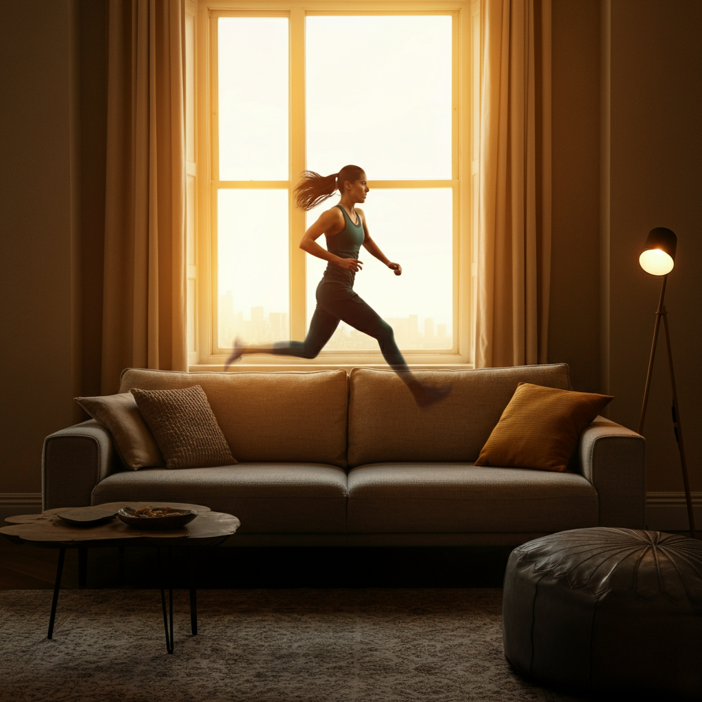 A stylishly decorated living room with a large window as the focal point. A comfortable sofa faces the window, bathed in warm, golden hour light. Subtle textures of the throw pillows and area rug are emphasized.