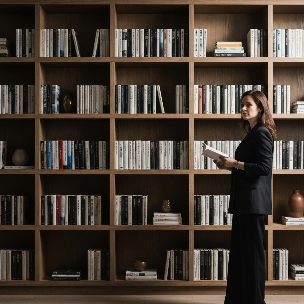 A floor-to-ceiling bookshelf filled with books and decorative objects. The bookshelf is side-lit, creating shadows and highlighting the texture of the wood. The room is decorated in a minimalist style.