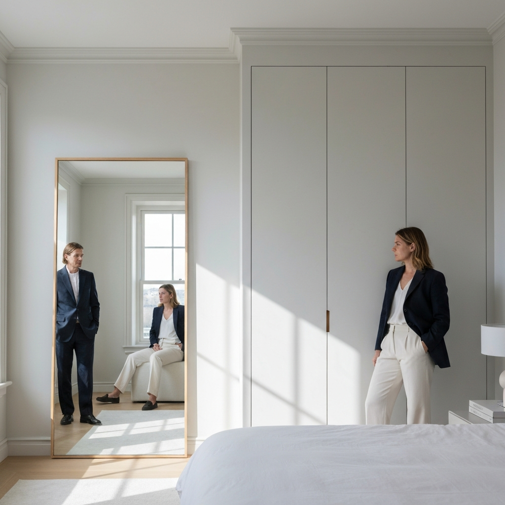 A bright and airy bedroom with a large mirror reflecting natural light from a window. The walls are painted in a light neutral color, and the furniture is minimalist. Soft, diffused light fills the room.