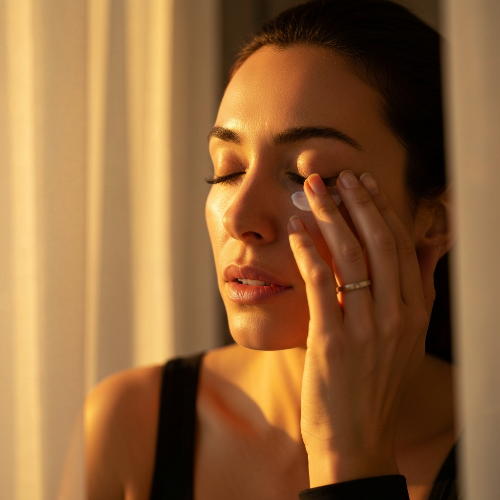 Woman's face in soft focus, eyes closed, as she gently pats cream around her eye with her ring finger. Golden hour lighting filters through a sheer curtain.