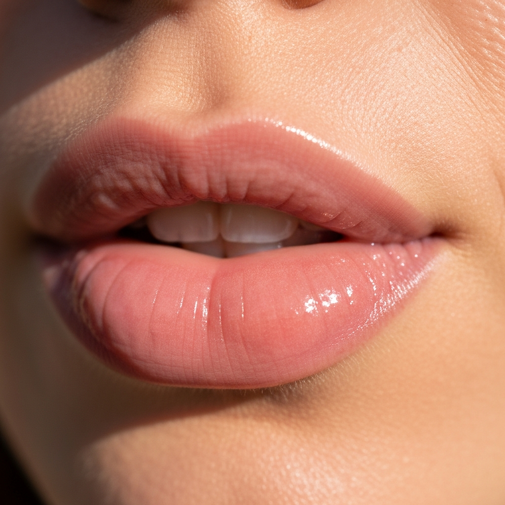 A close-up of a woman's lips with a glossy, moisturizing lip balm applied. Soft focus on the lips, with a slight reflection of light on the surface.