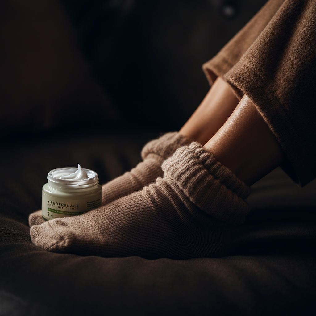 Close-up of a woman's feet, freshly moisturized with a thick cream, tucked into soft, fluffy socks. Warm, inviting lighting.
