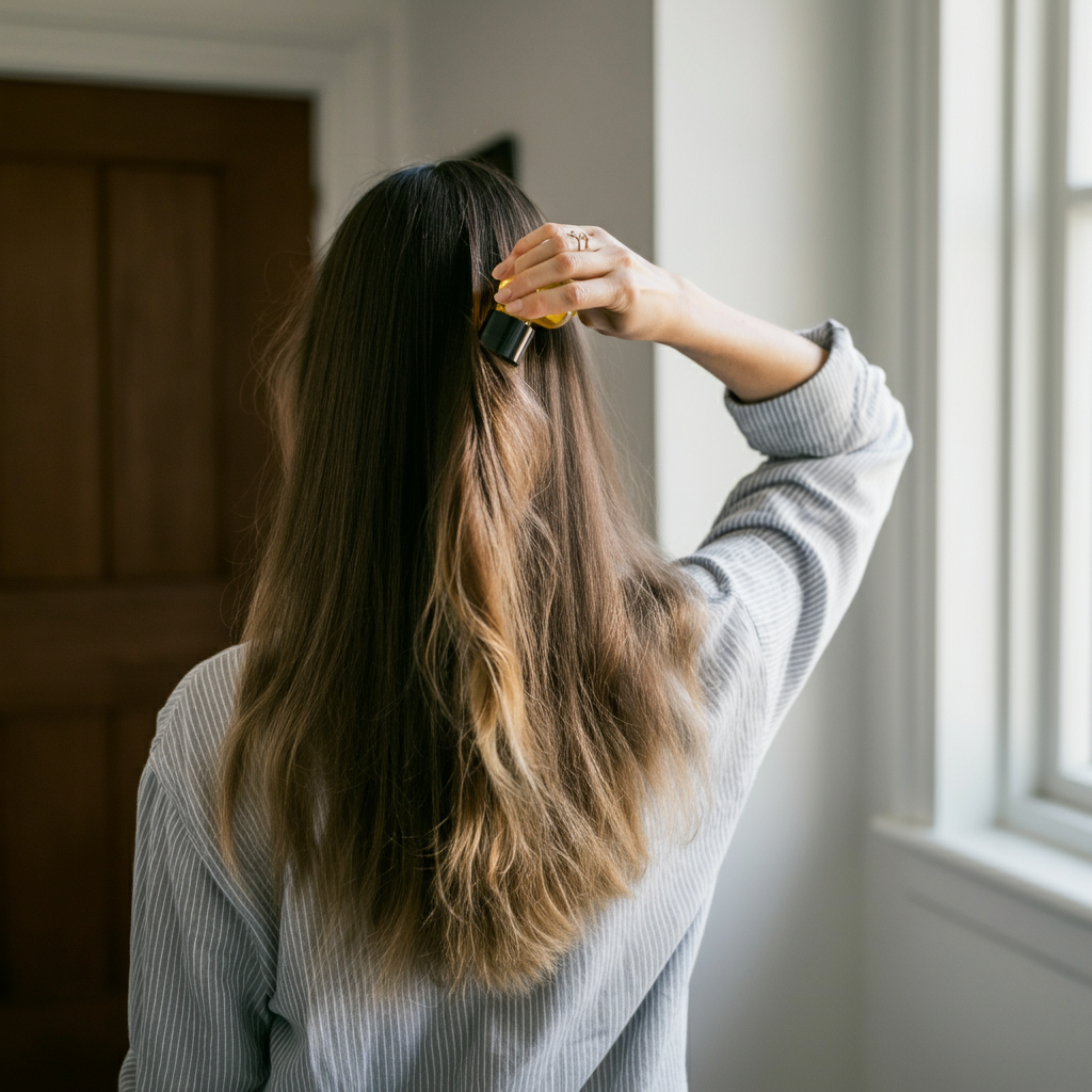 Woman with long, healthy hair gently applying hair oil to the ends of her hair in a well-lit bedroom.