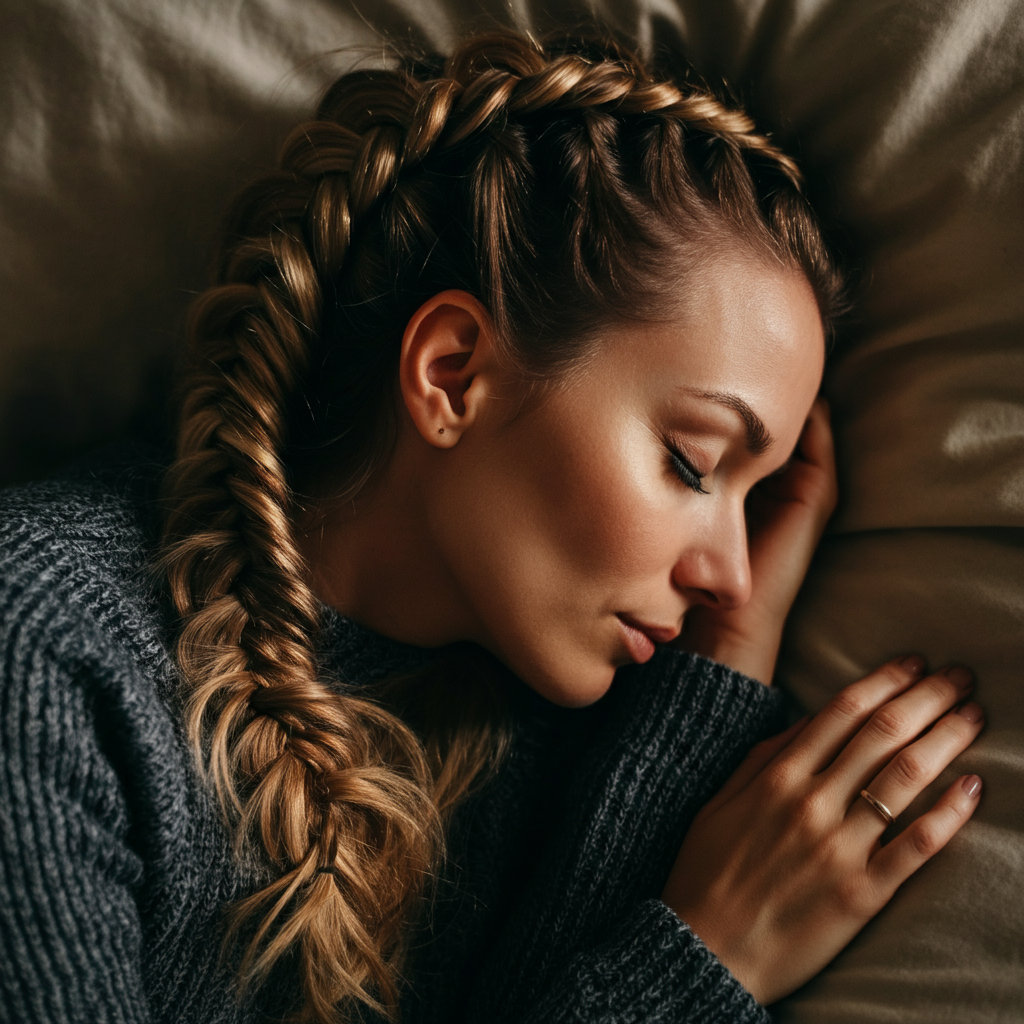 A woman with long, wavy hair loosely braided, sleeping peacefully on her side. Focus on the texture of the braid and the relaxed expression on her face.