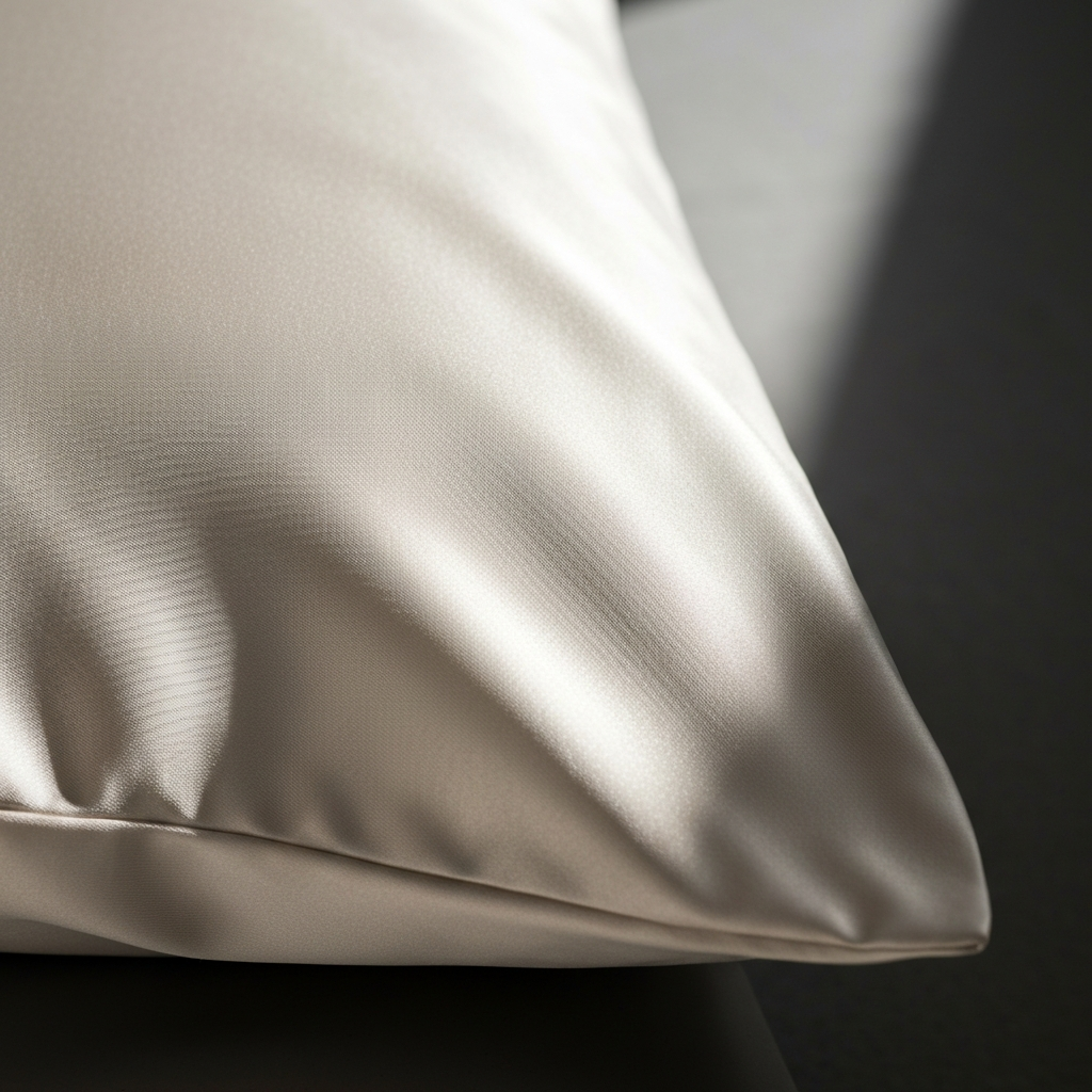 A close-up of a silk pillowcase with soft, diffused light highlighting the smooth texture of the fabric.