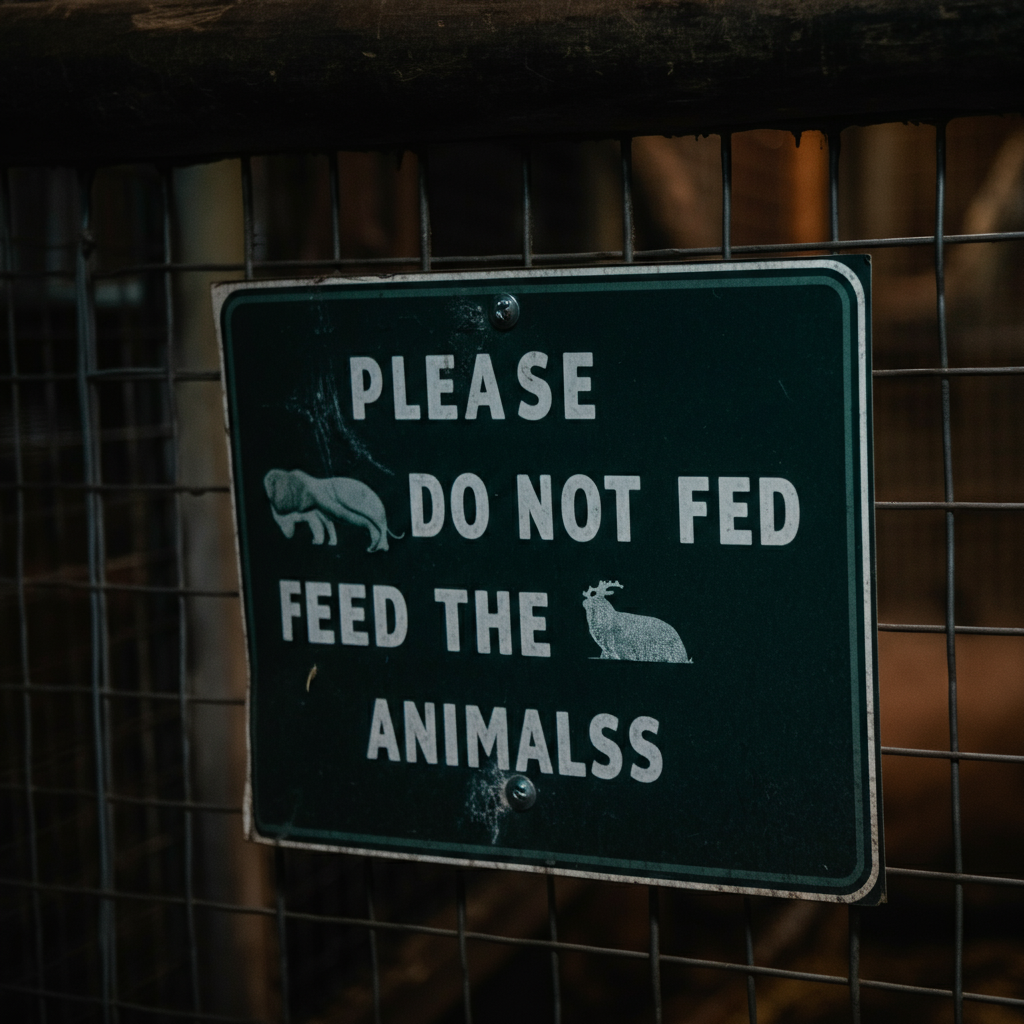 Close-up of a sign at an animal enclosure that reads "Please Do Not Feed the Animals" with a clear, easy-to-read font. Soft, diffused lighting highlights the texture of the sign.