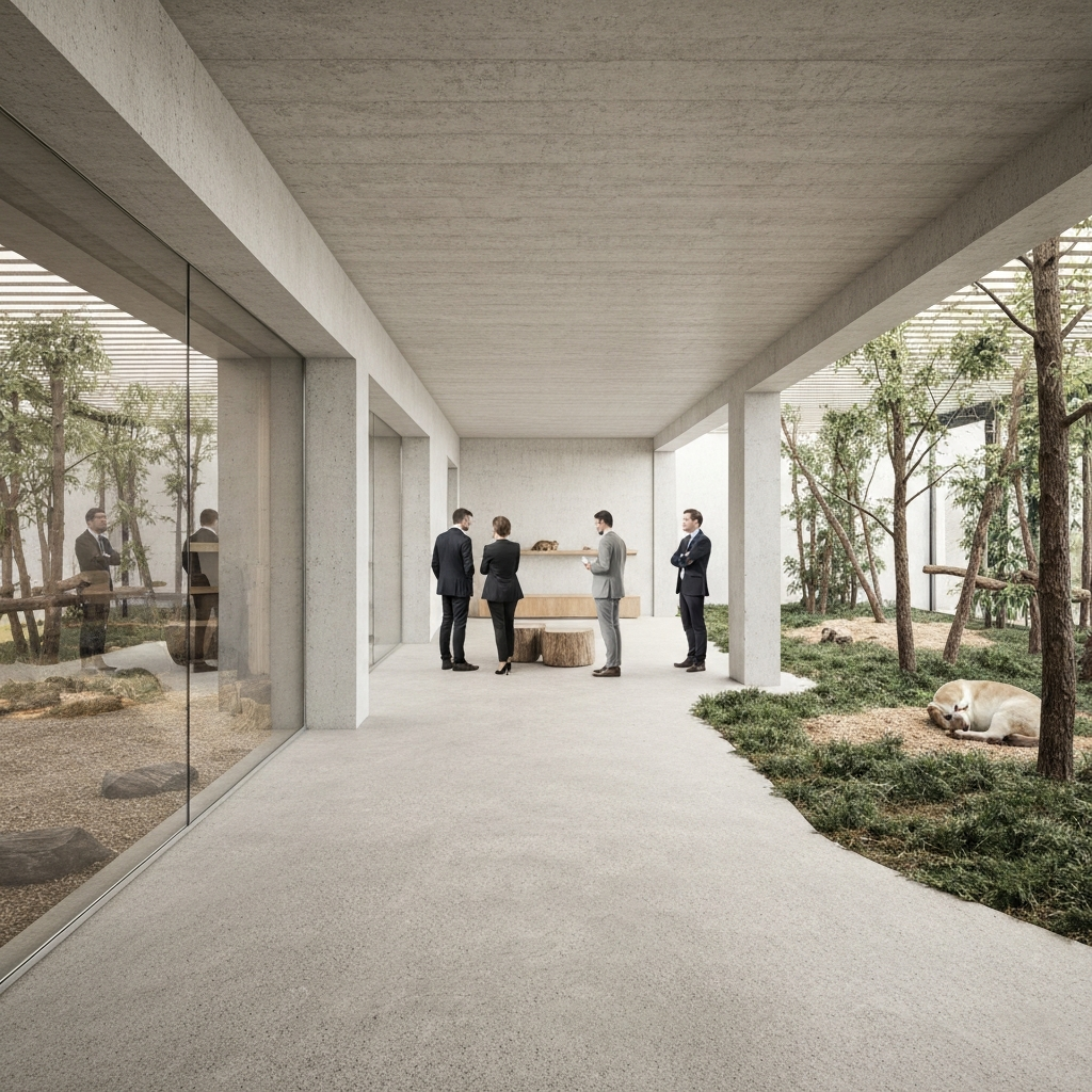 A wide shot of a spacious, naturalistic animal enclosure with several visitors quietly observing a resting animal. The lighting is soft and natural, creating a peaceful atmosphere.