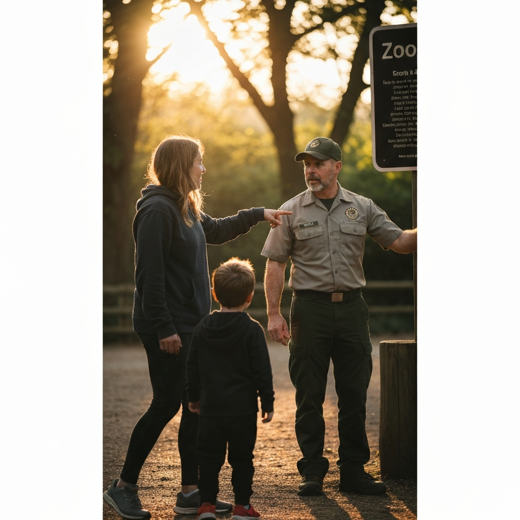A zookeeper in uniform is pointing towards a sign while talking to a family. The background is slightly blurred to focus on the interaction, with natural sunlight streaming through the trees.