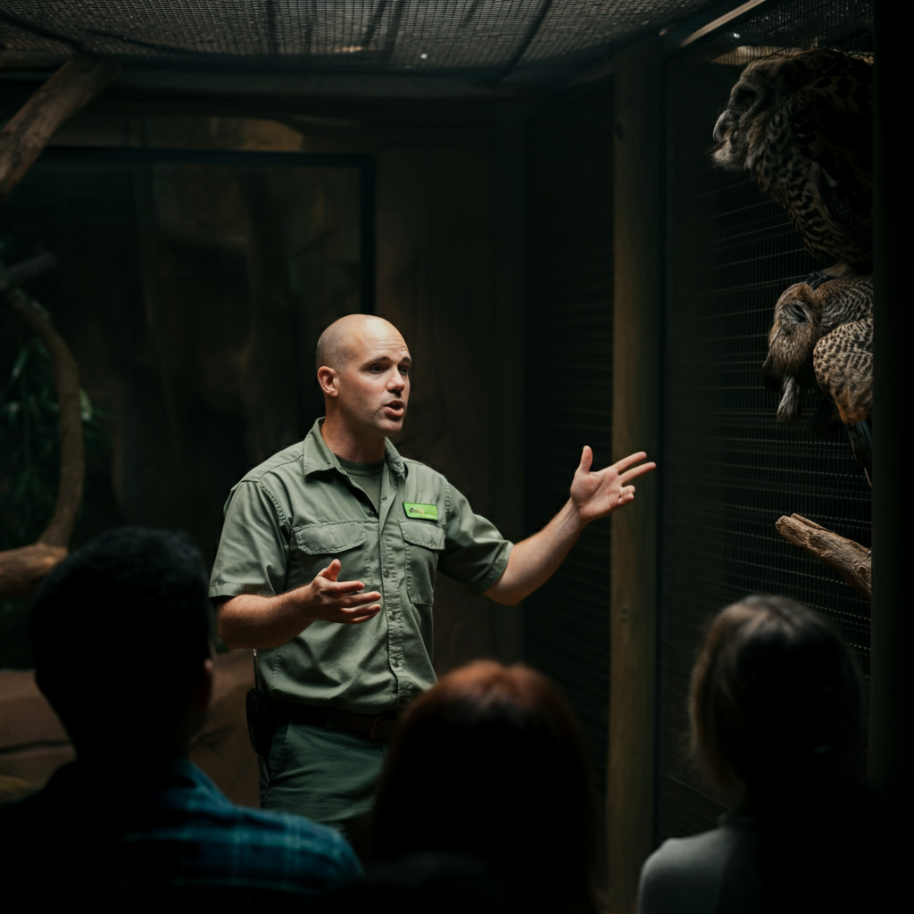 A medium shot of a zookeeper giving a presentation to a small group of visitors near an animal enclosure. The zookeeper is gesturing towards the animal, and the visitors are listening attentively. Golden hour lighting highlights the textures of the animal's fur/feathers.