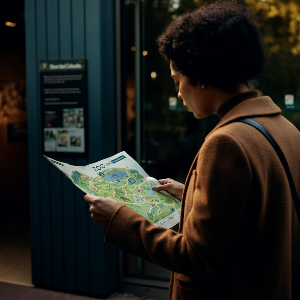 A person studying a zoo map while standing near the entrance. The map is detailed and colorful, and the person appears to be thoughtfully planning their route. The background is slightly blurred.