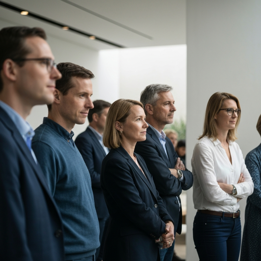 A group of people observing an animal exhibit. The scene shows a diverse range of ages and backgrounds, all calmly observing the animals. Soft bokeh in the background.
