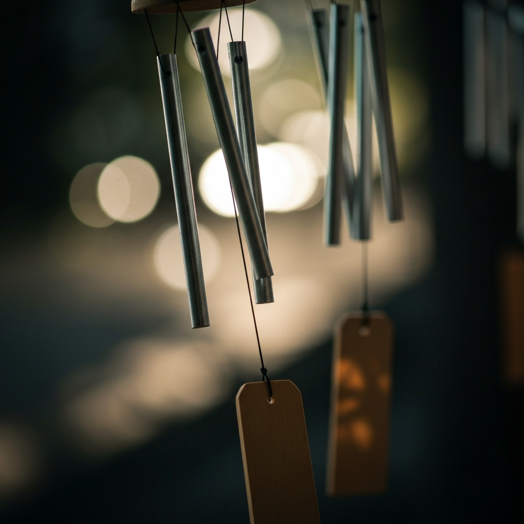 A close-up of wind chimes gently swaying in a light breeze. The background is blurred with soft bokeh. Sunlight filters through the chimes, creating subtle shadows.