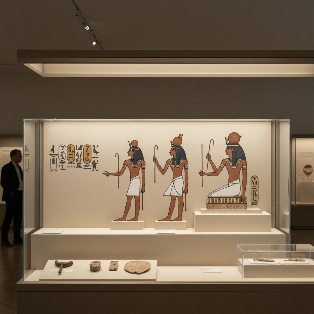 A softly lit museum exhibit featuring artifacts related to ancient cultures and their representations of the air element. Focus on a display case with hieroglyphs depicting the Egyptian god Shu. Soft, diffused lighting highlights the textures of the artifacts.
