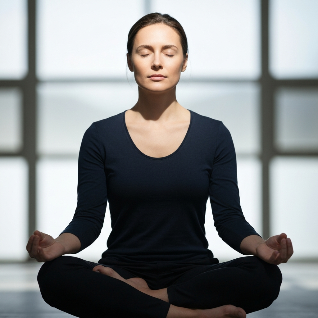 A person sitting in a meditative posture, eyes closed, hands resting gently on their knees. Soft, natural light illuminates their face, emphasizing their calm expression. The background is blurred.