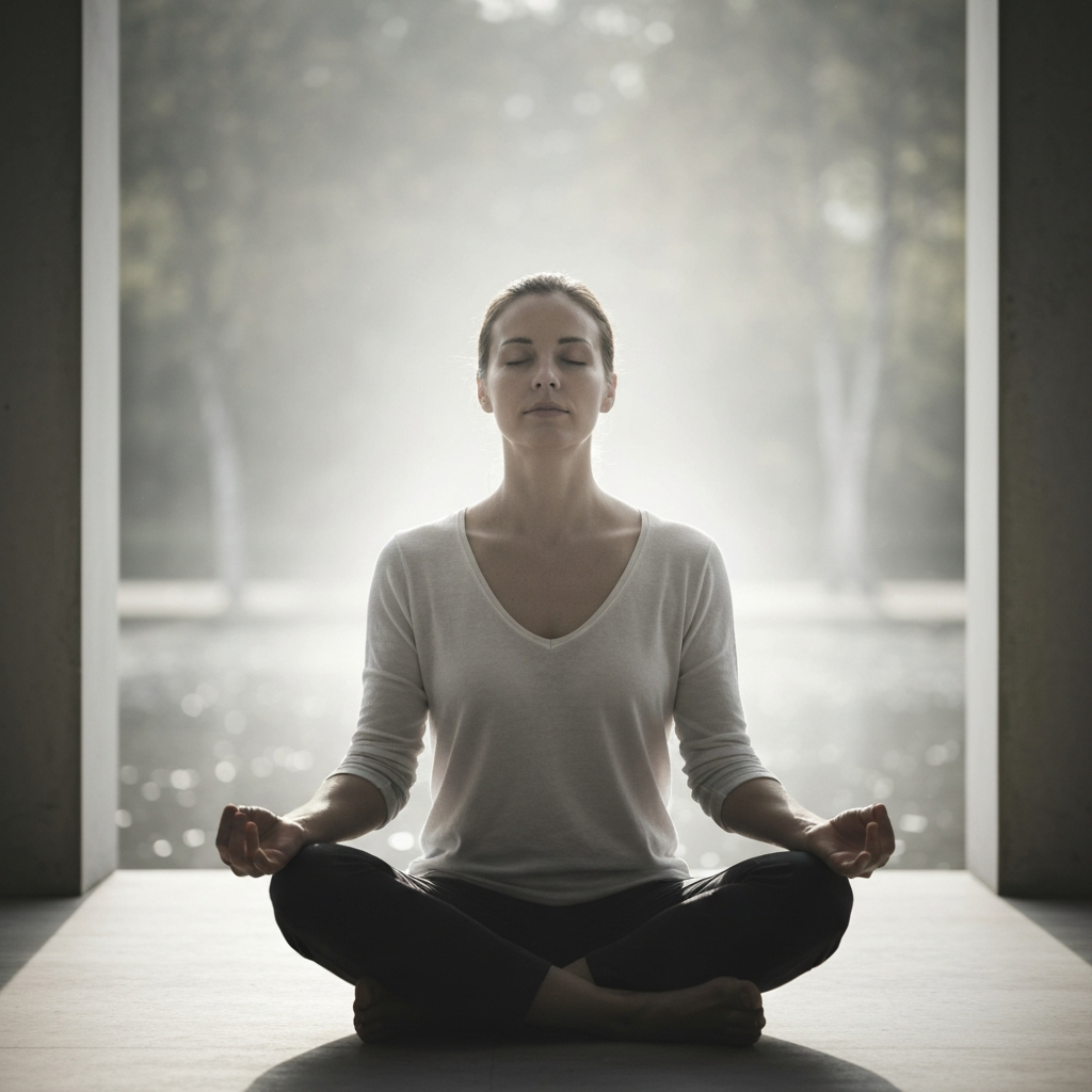 A person sitting in a peaceful setting, eyes closed, meditating. A soft, ethereal glow surrounds them. Focus on their relaxed posture and serene expression. The background features subtle, blurred natural elements like trees or water.
