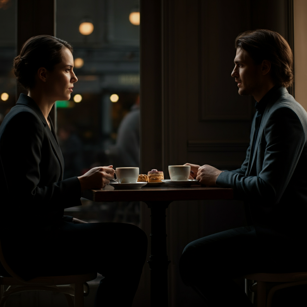 Two people sitting at a cafe table, soft natural light filtering through the window, creating a warm and inviting atmosphere. One person leans slightly forward, engaged in conversation, while the other listens attentively. Coffee cups and a small plate of pastries are visible on the table. Gentle bokeh background.