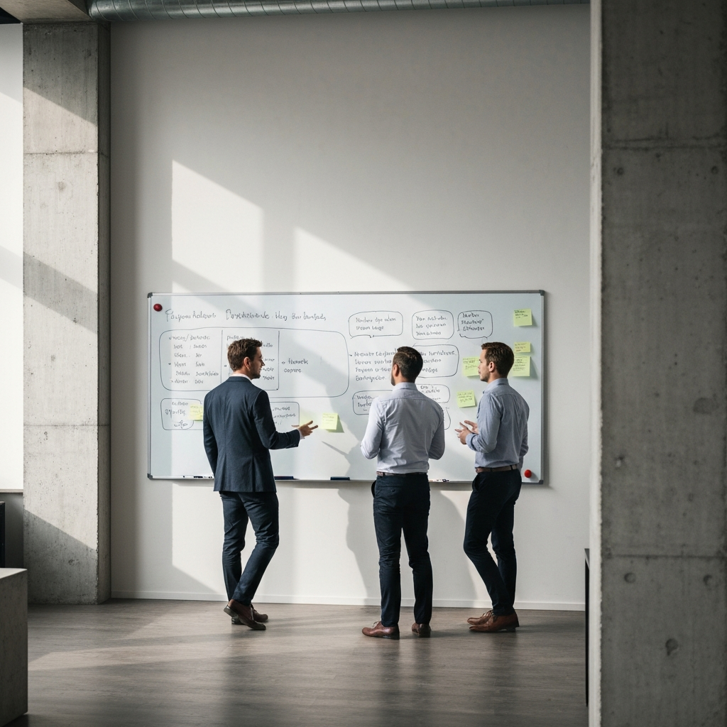 A well-lit, modern office space. Two colleagues stand near a whiteboard filled with brainstorming notes, engaged in a focused discussion. The scene is side-lit, highlighting the textures of the whiteboard and the professional attire of the individuals.