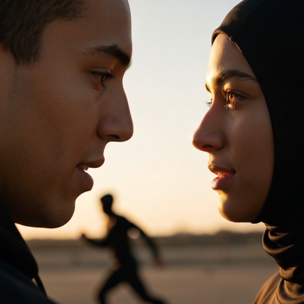 Close-up shot of two individuals making eye contact, soft golden hour lighting emphasizing the warmth and intimacy of the moment. The focus is on the eyes and subtle facial expressions.