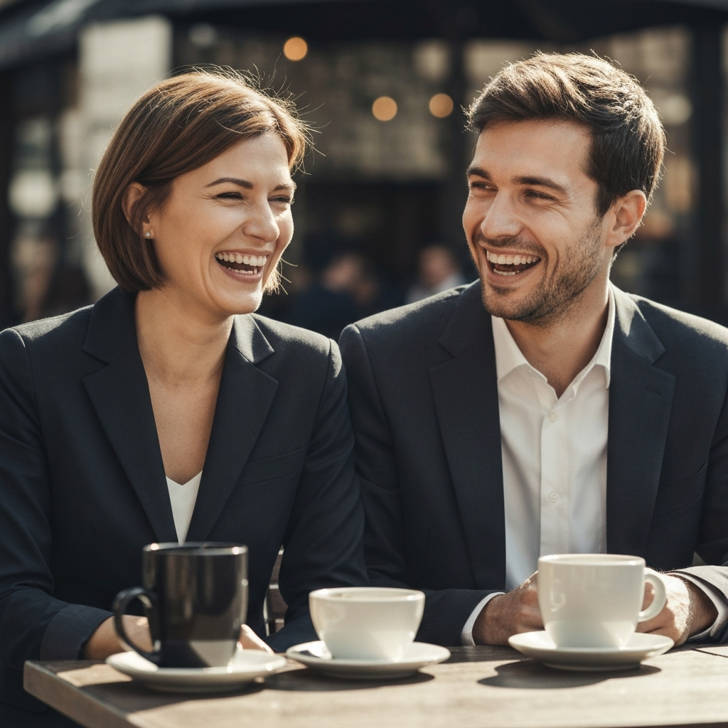Two people laughing together at an outdoor cafe, the scene bathed in soft, diffused sunlight. The focus is on their joyful expressions and relaxed body language.