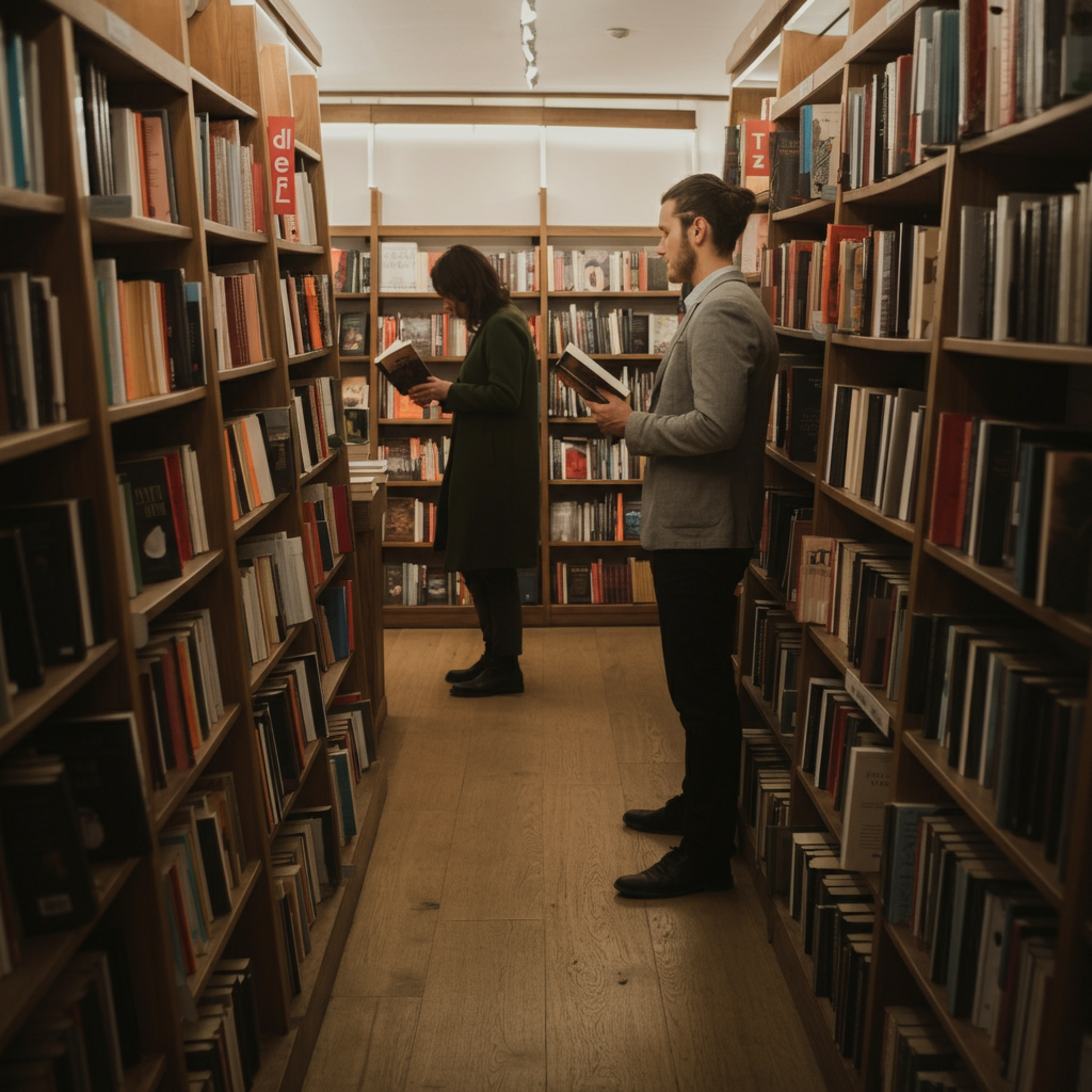 A bookstore aisle, softly lit, with a person browsing the shelves. Another person approaches casually, holding a similar book in their hand, initiating a conversation. The focus is on the books and the natural interaction.