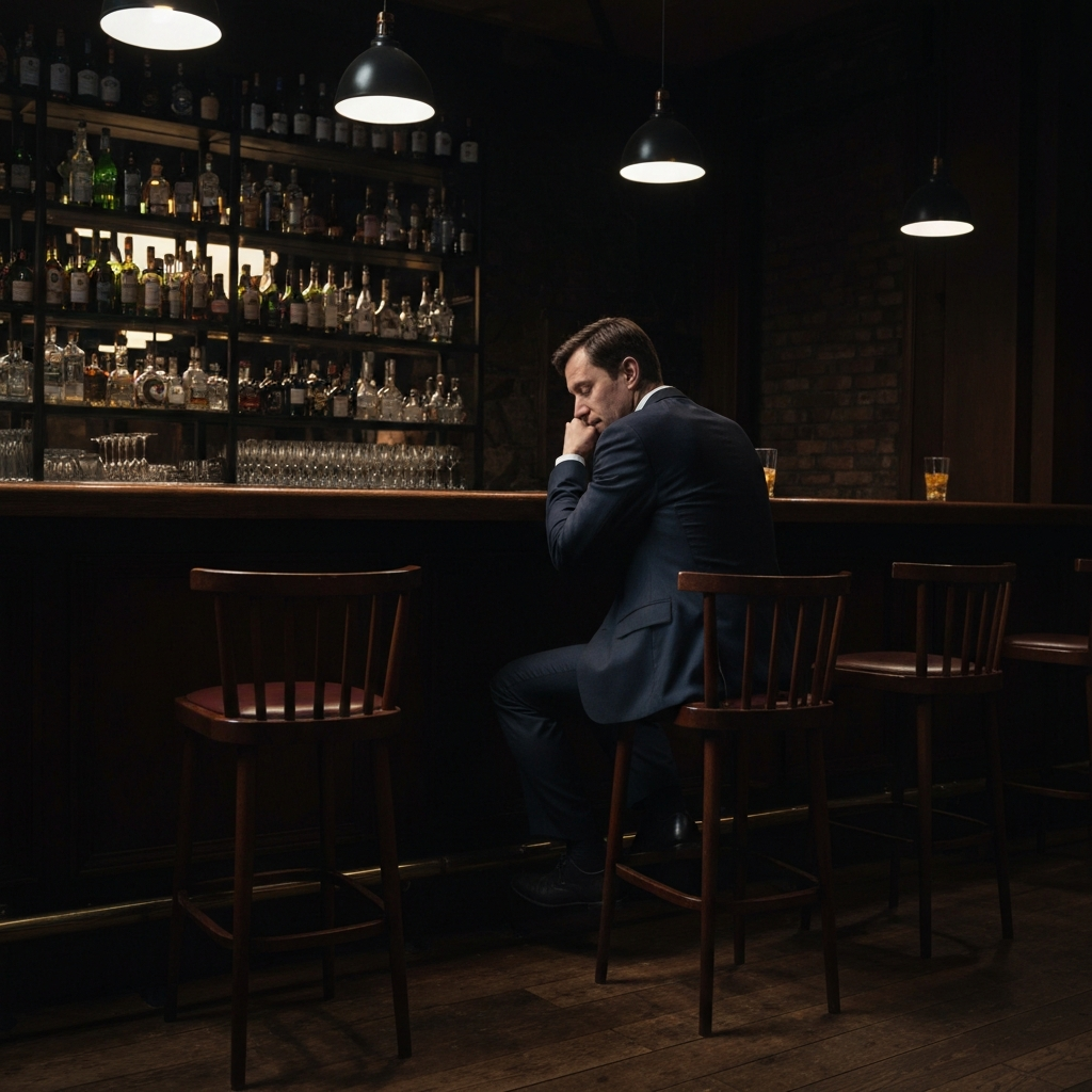 A person sitting alone at a bar, looking away from the camera with a slightly closed-off posture. The lighting is muted and the overall atmosphere is introspective.
