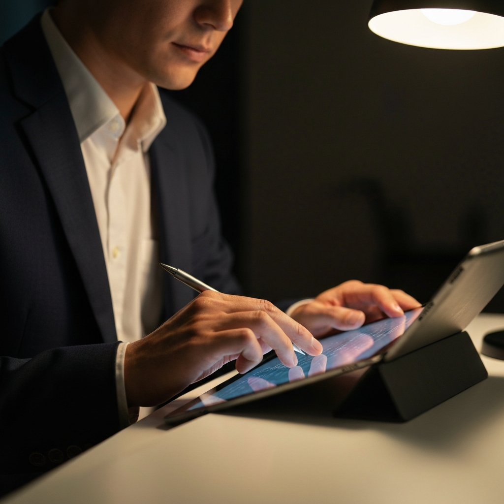 Close-up of a person's hands analyzing sports statistics on a tablet. Soft, warm lighting from a nearby desk lamp highlights the texture of the screen and the thoughtful expression on their face.