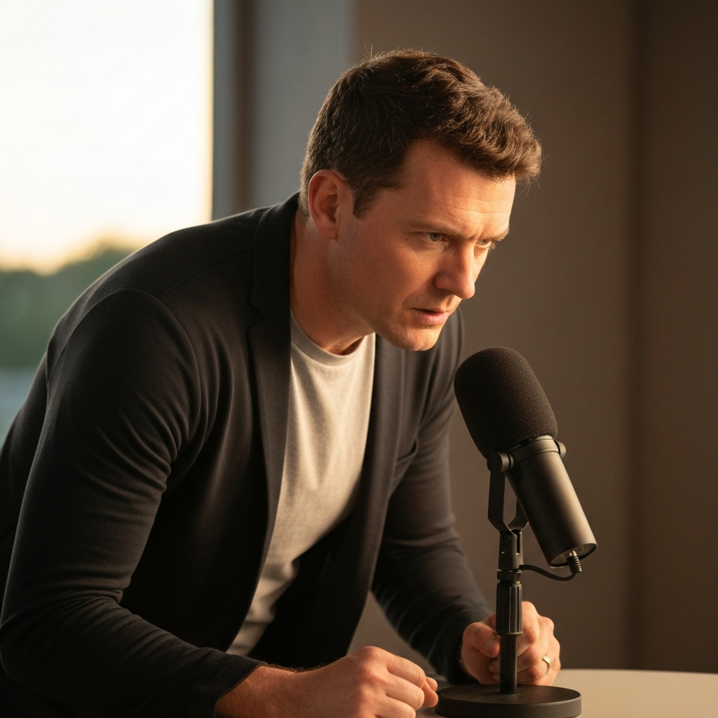 A sports commentator in a TV studio, leaning forward into the microphone with a determined look. The background is blurred, emphasizing the commentator's intense focus.