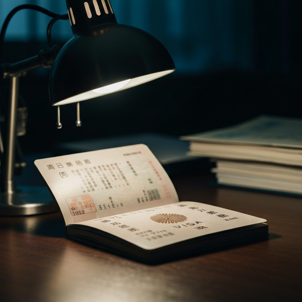 Close-up shot of a Japanese passport lying open on a dark wooden desk, bathed in the soft glow of a desk lamp. The passport is partially open to a visa page with Japanese script. Soft bokeh in the background shows stacks of official-looking documents.