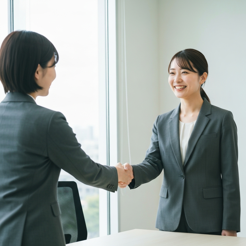 A young professional woman wearing a blazer smiles warmly while shaking hands with a Japanese real estate agent in a modern office setting. Natural light streams in from a large window, highlighting the clean lines of the office furniture.