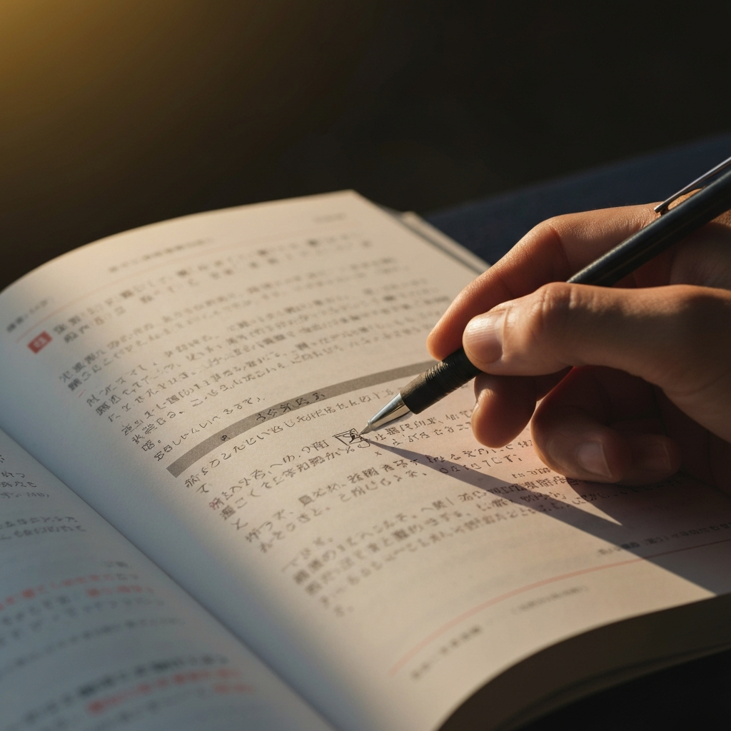 A side-lit shot of a textbook open to a page with Japanese hiragana and katakana characters. A hand holding a pen hovers over the page, ready to practice writing. The lighting emphasizes the texture of the paper and the ink.