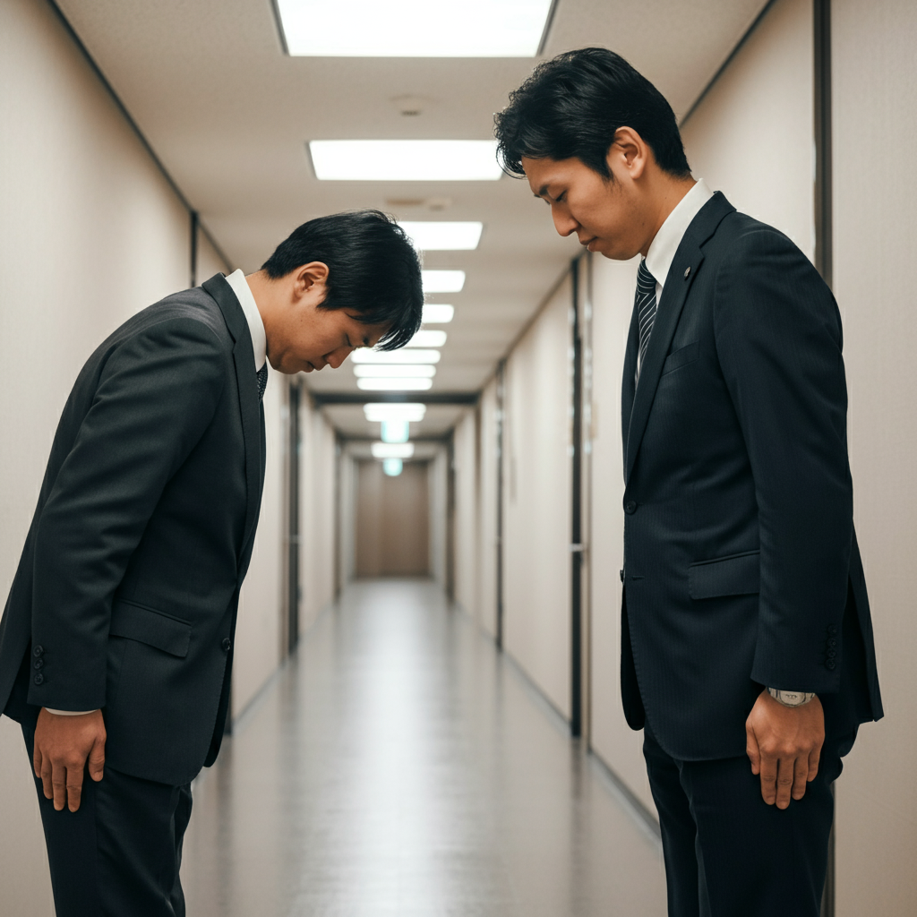 A medium shot of two Japanese businessmen in dark suits bowing respectfully to each other in a well-lit office hallway. The background is slightly blurred, focusing attention on their posture and facial expressions.